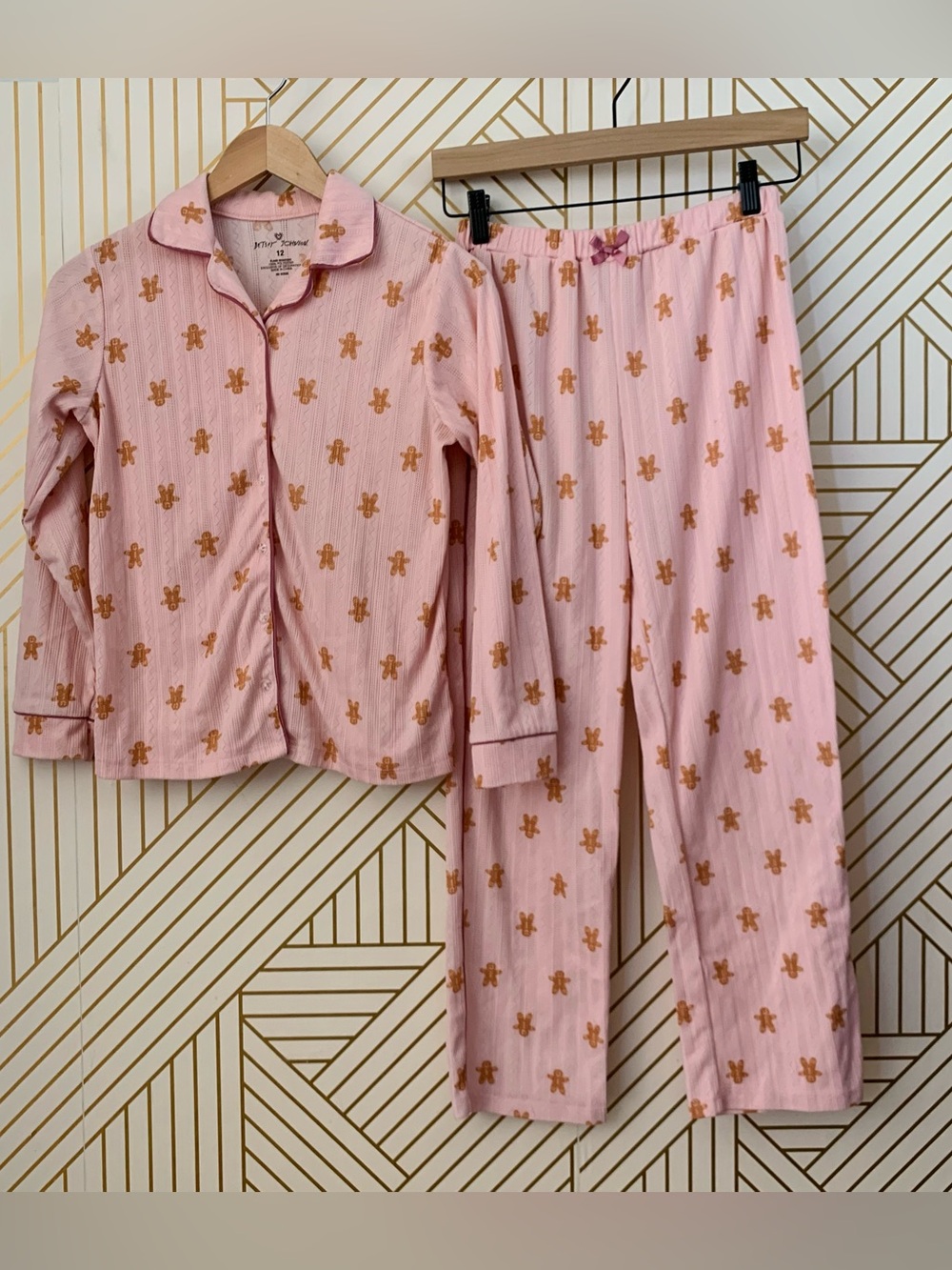 Betsy Johnson gingerbread Pajamas coquette eyelet matching set collared pink 12